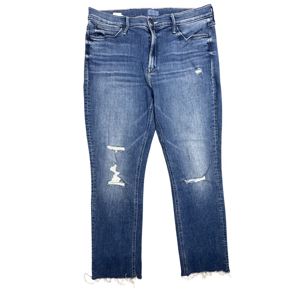 Mother The Mid Rise Dazzler Ankle Fray Jeans Blue Distressed Size 33 Grunge Edgy
